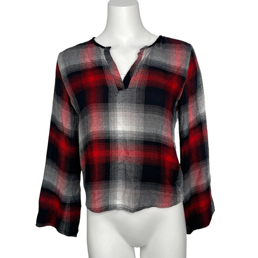 Cloth & Stone Plaid Pullover Blouse V-neck Top XS